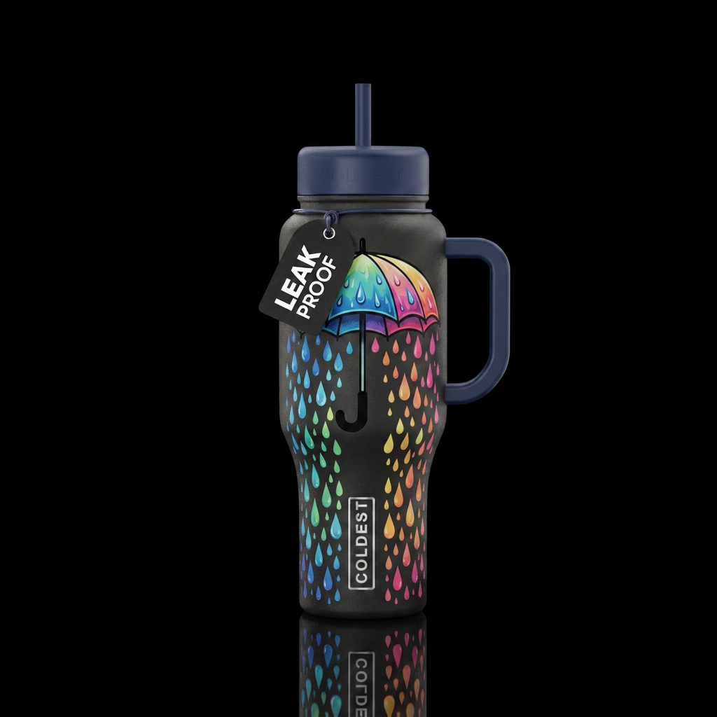 Different color Raindrops flowing off an umbrella water bottle design