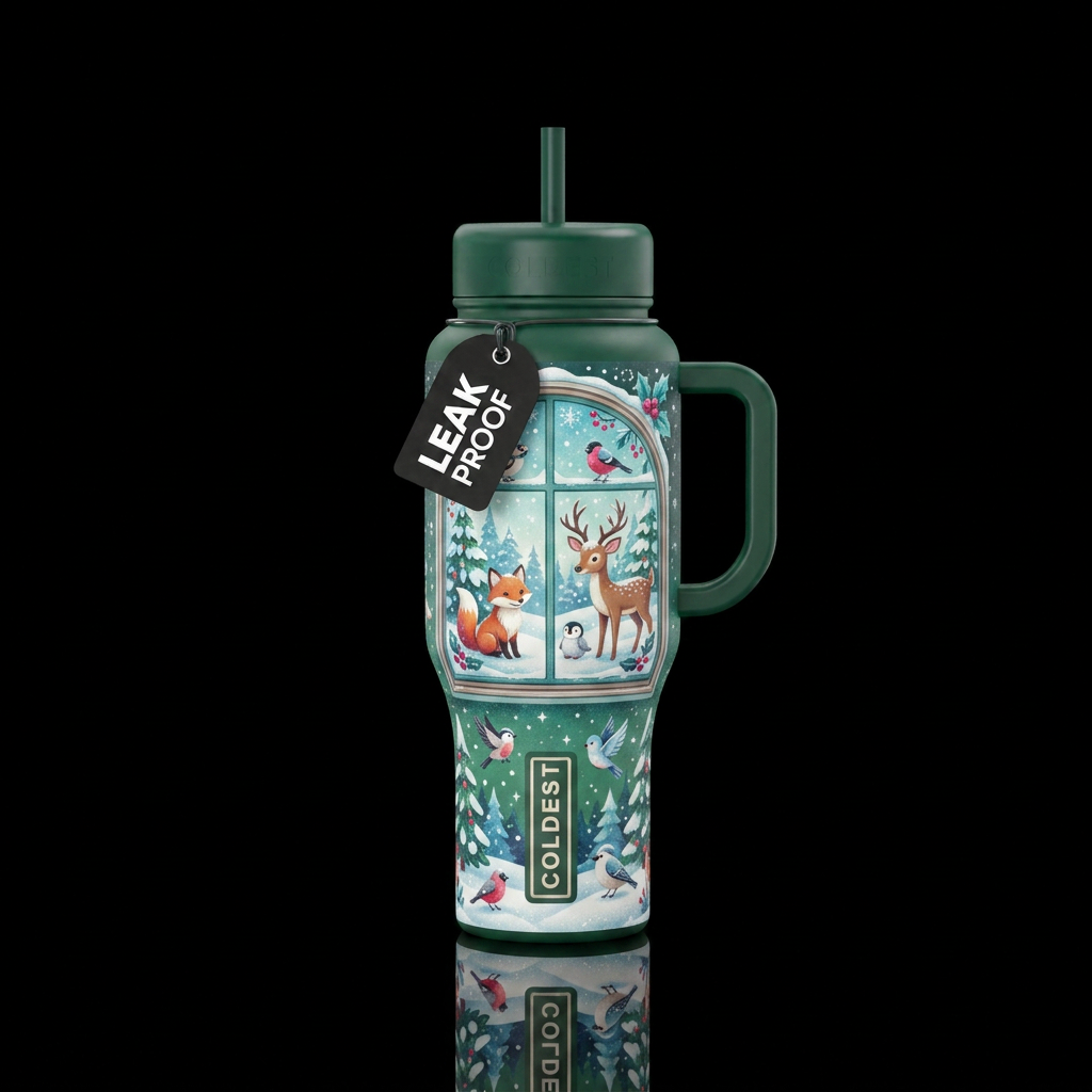 Viewing a winter scene with snow and animals, from... water bottle design