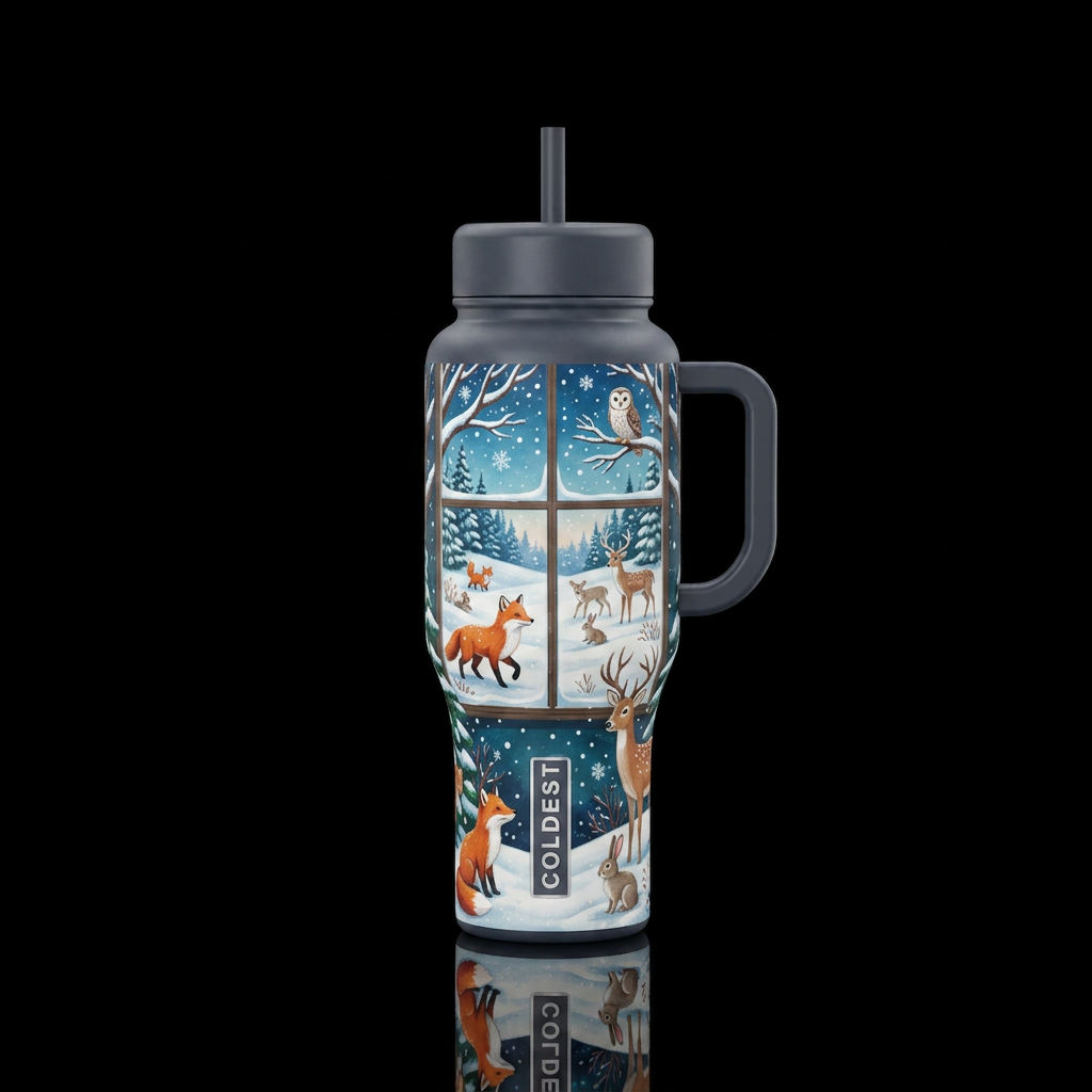 Viewing a winter scene with snow and animals, from... water bottle design