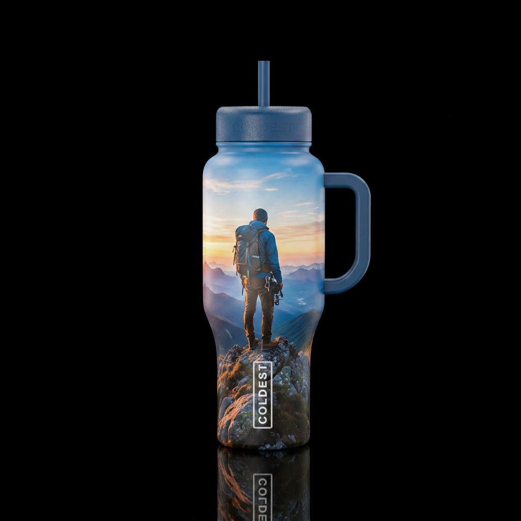 Hiker climbed to top of mountain and looking at va... water bottle design