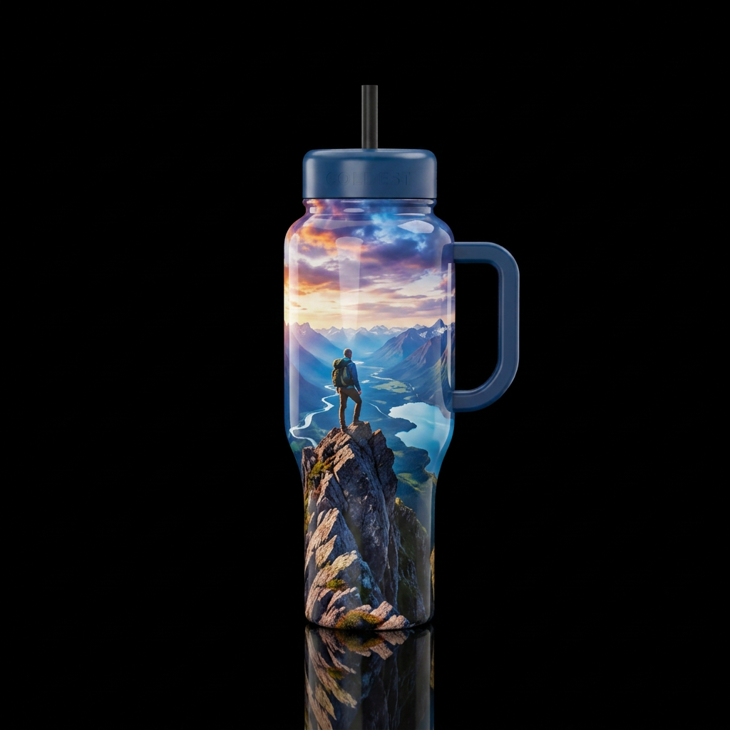Hiker climbed to top of mountain and looking at va... water bottle design