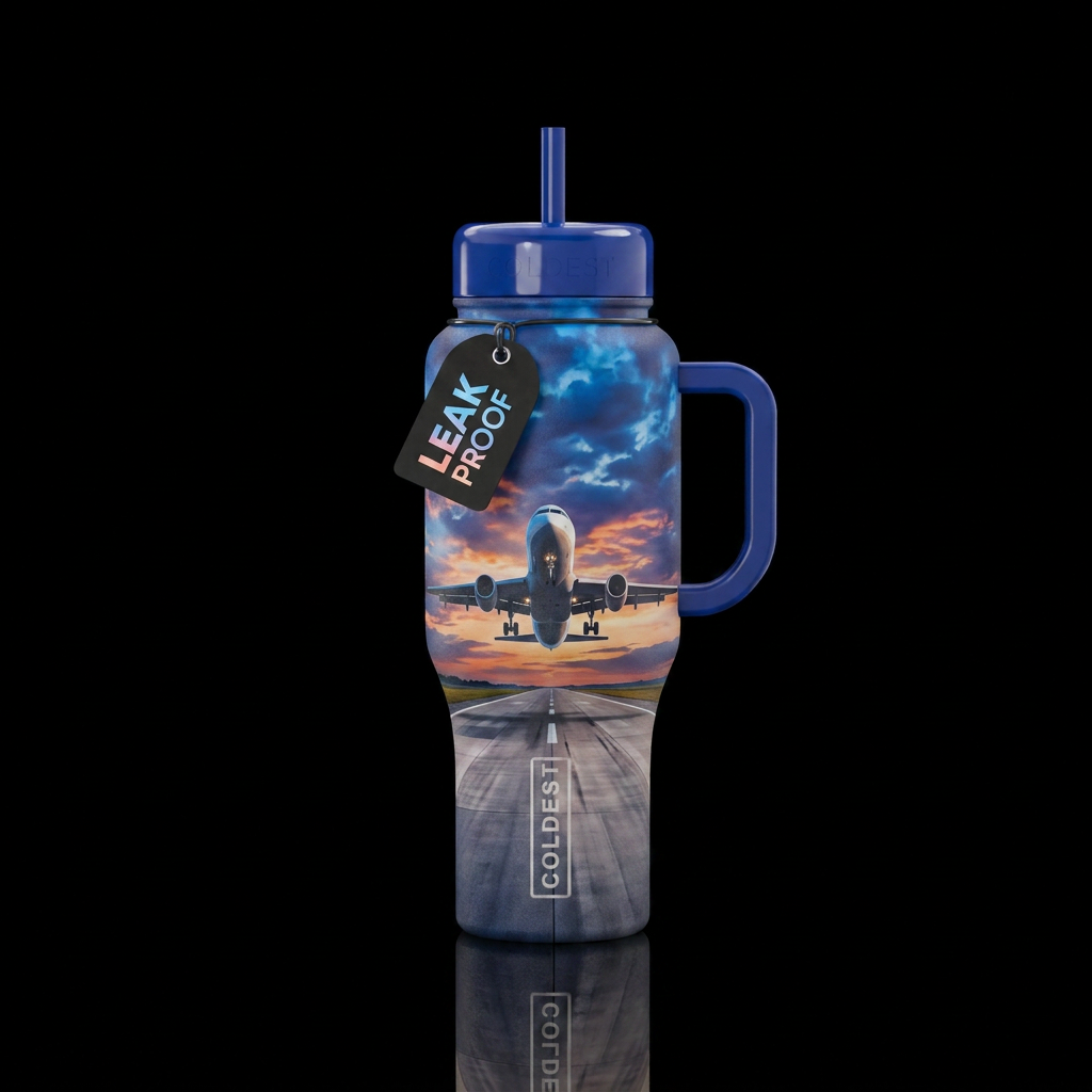 Airplane going down runway and lifting in the air ... water bottle design