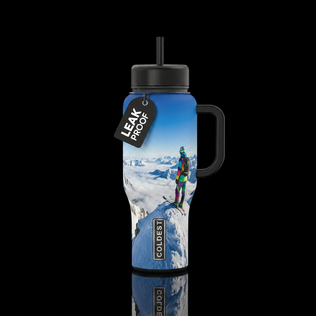 Skier viewing from top of the mountain with snow, ... water bottle design