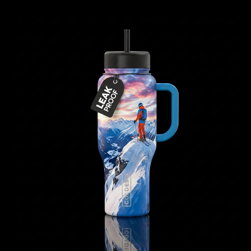 Skier viewing from top of the mountain with snow, ... water bottle design