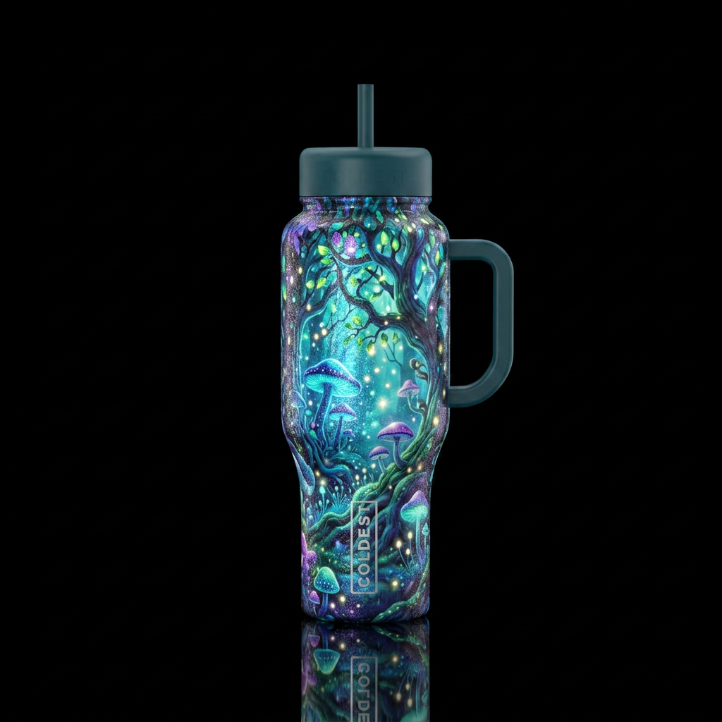 enchanted woods, shiny, sparkly, vibrant, magical water bottle design