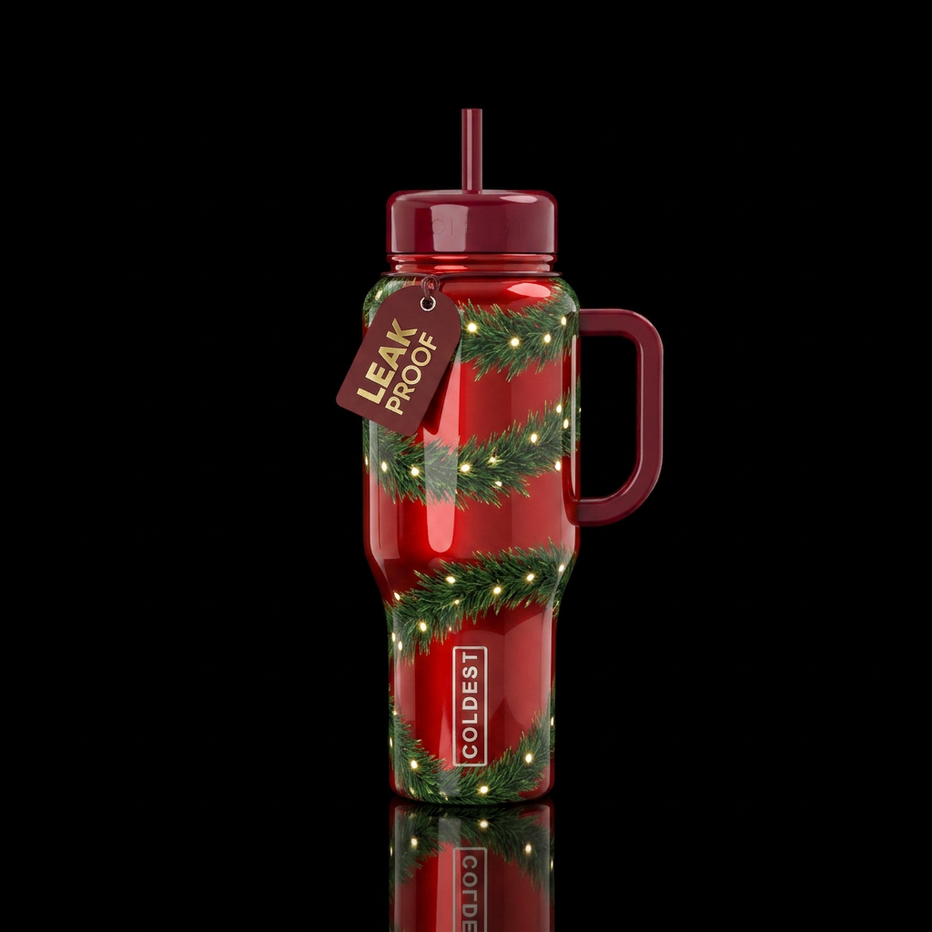 Christmas green garland with twinkling lights wrap... water bottle design