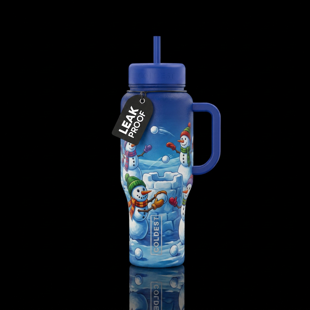 Snowmen having a snowball fight on a clear, cold w... water bottle design