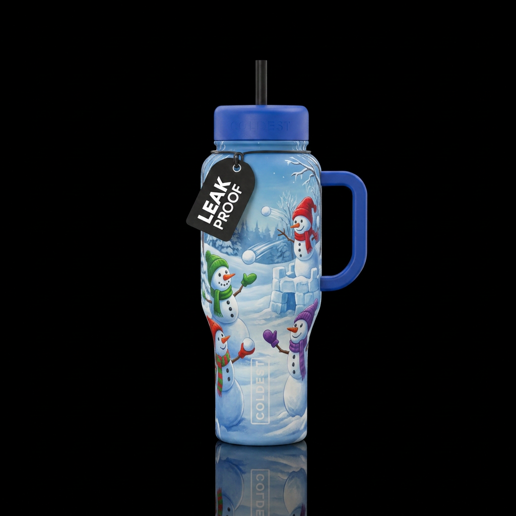 Snowmen having a snowball fight on a clear, cold w... water bottle design
