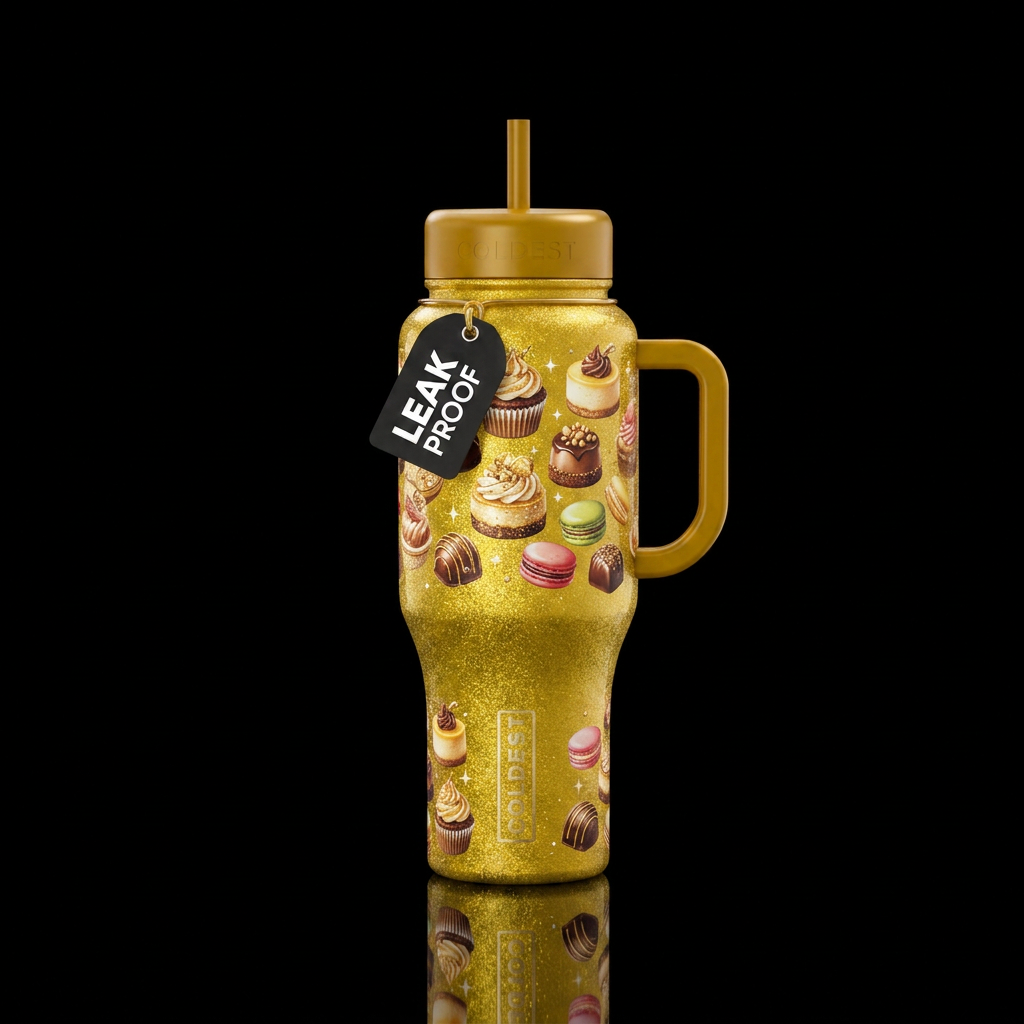 Golden yellow shiny, sparkly, glittery bottle disp... water bottle design