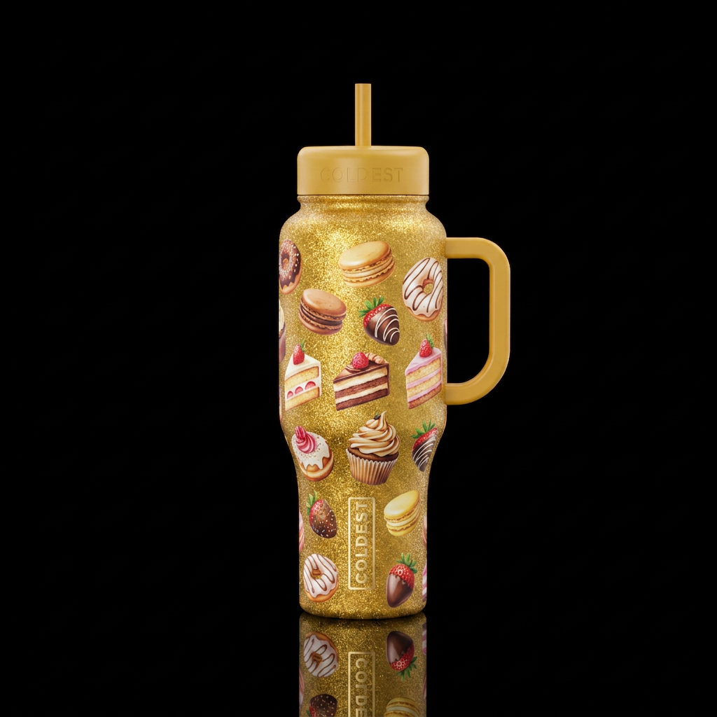 Golden yellow shiny, sparkly, glittery bottle disp... water bottle design