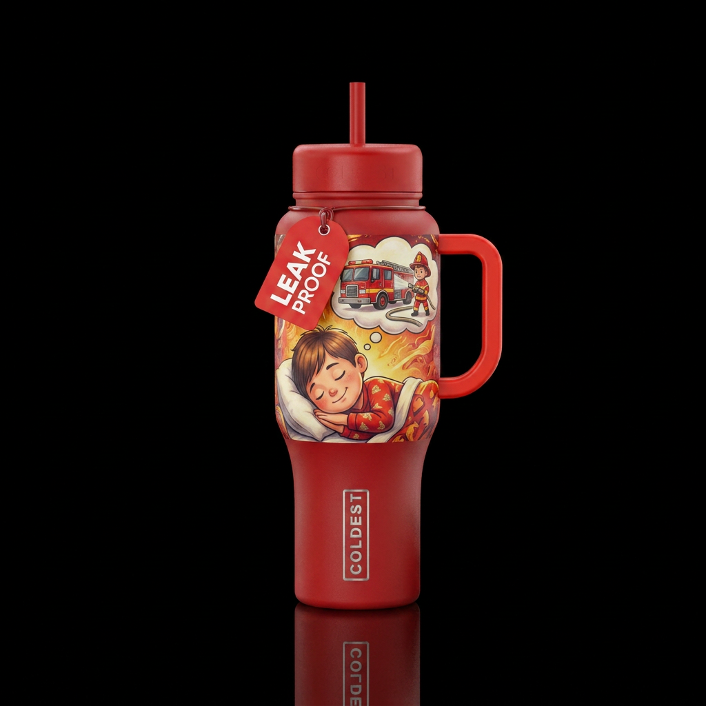 A child dreaming of being a firefighter water bottle design