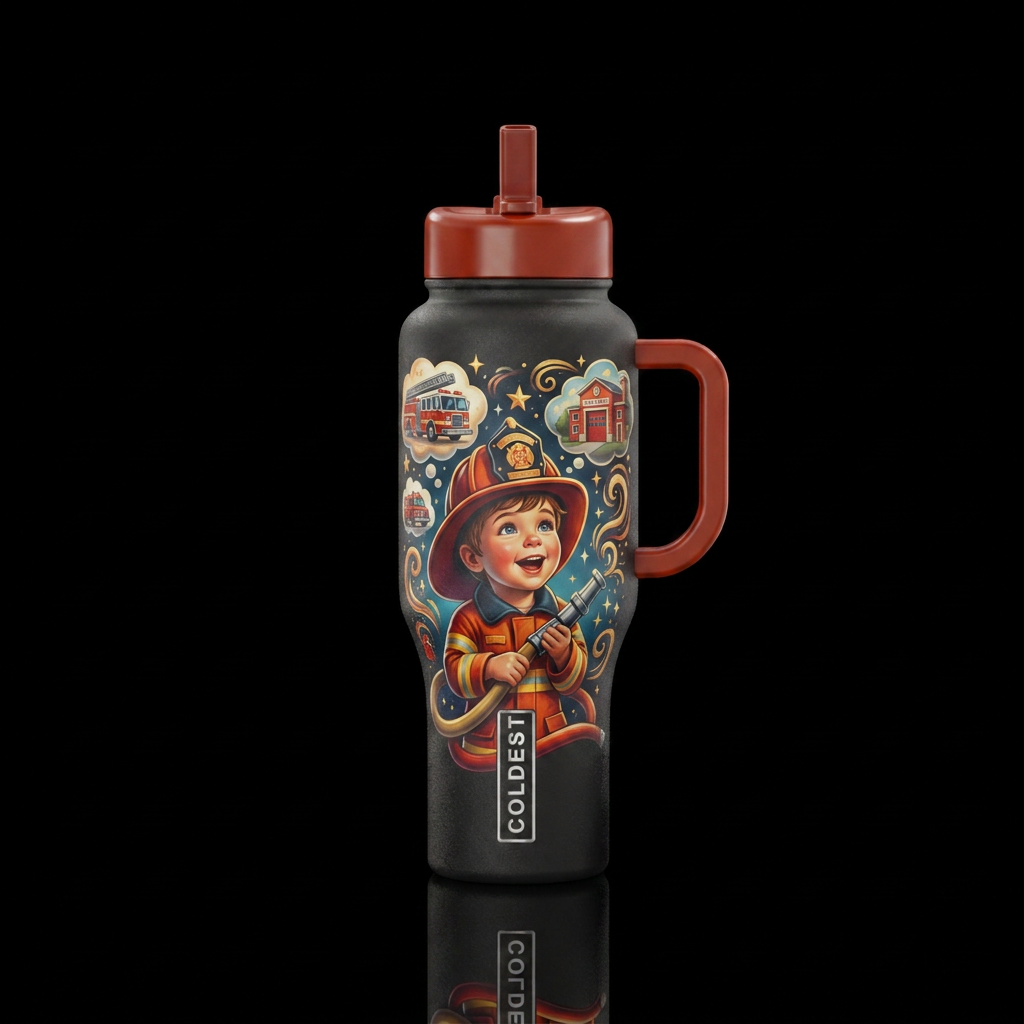 A child dreaming of being a firefighter water bottle design