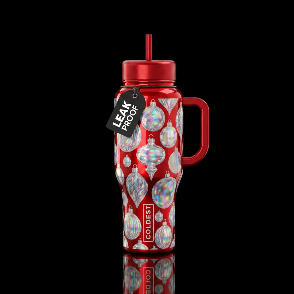 irridescent Christmas ornaments on a beautiful shi... water bottle design