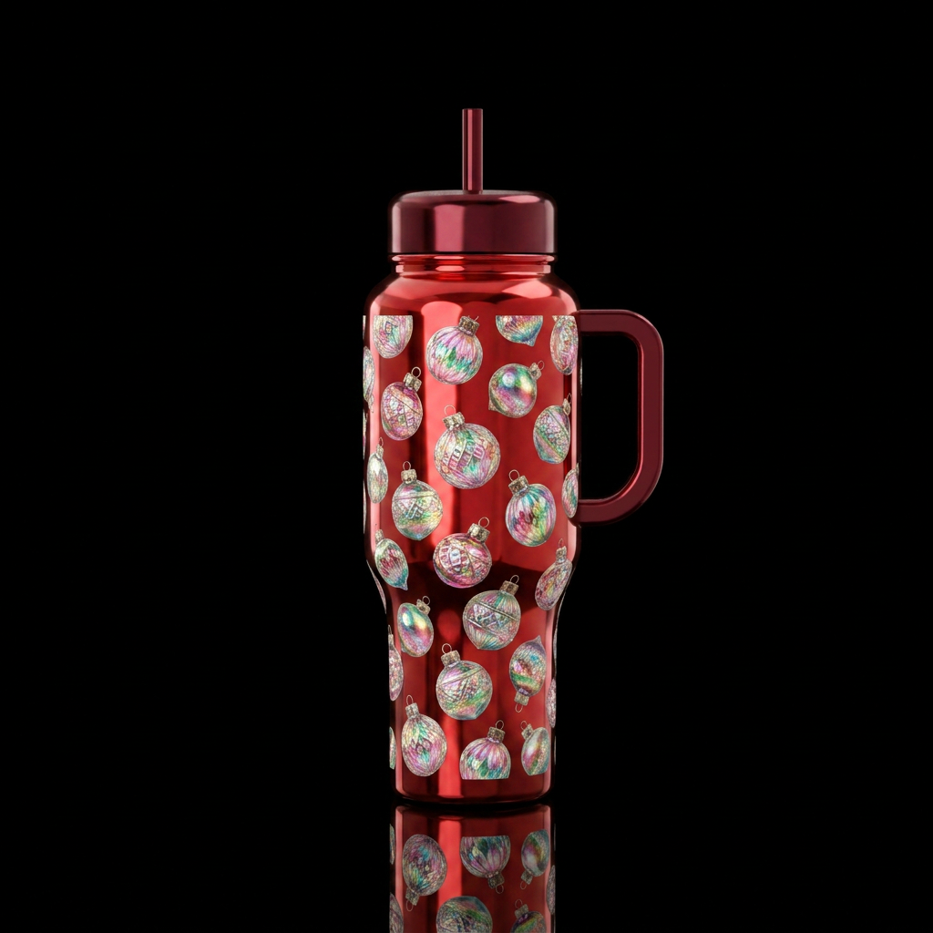 irridescent Christmas ornaments on a beautiful shi... water bottle design
