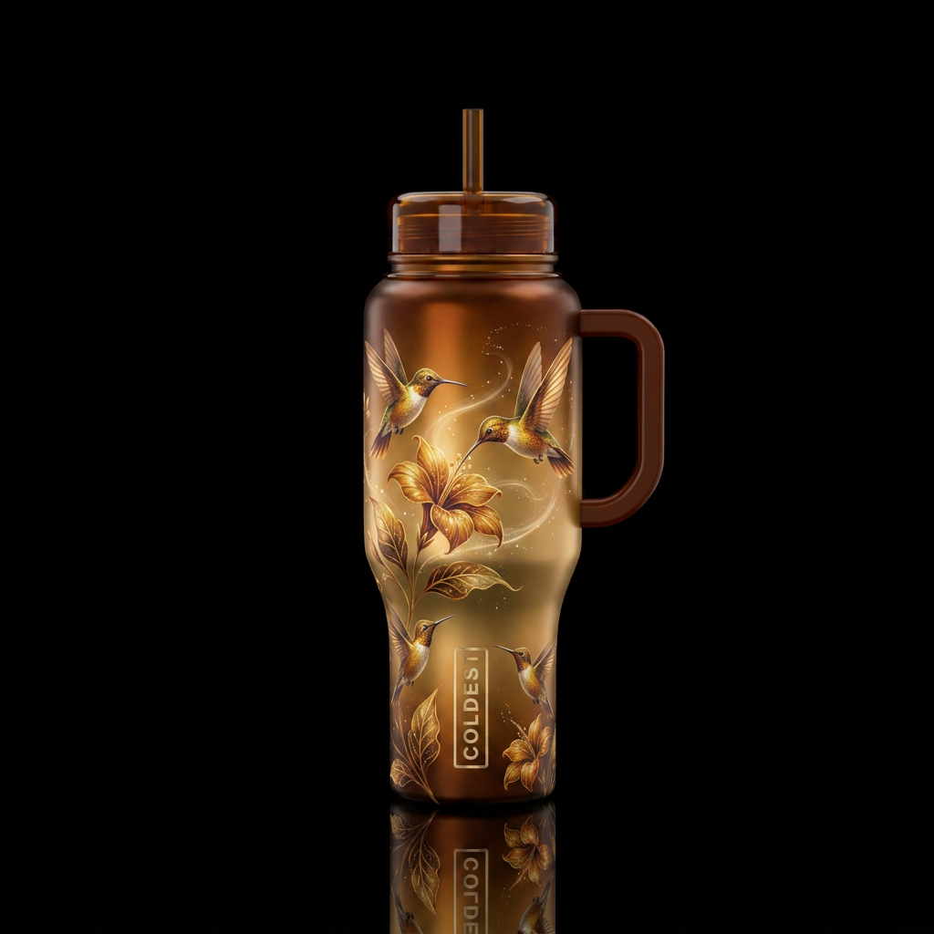 Amber, dreamy,, beautiful , luxurious, hummingbird... water bottle design