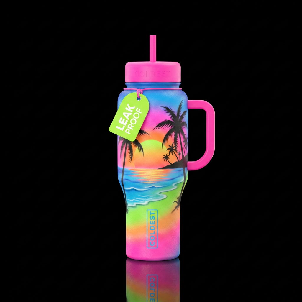neon colors, airbrushed beach scene, beautiful, vi... water bottle design