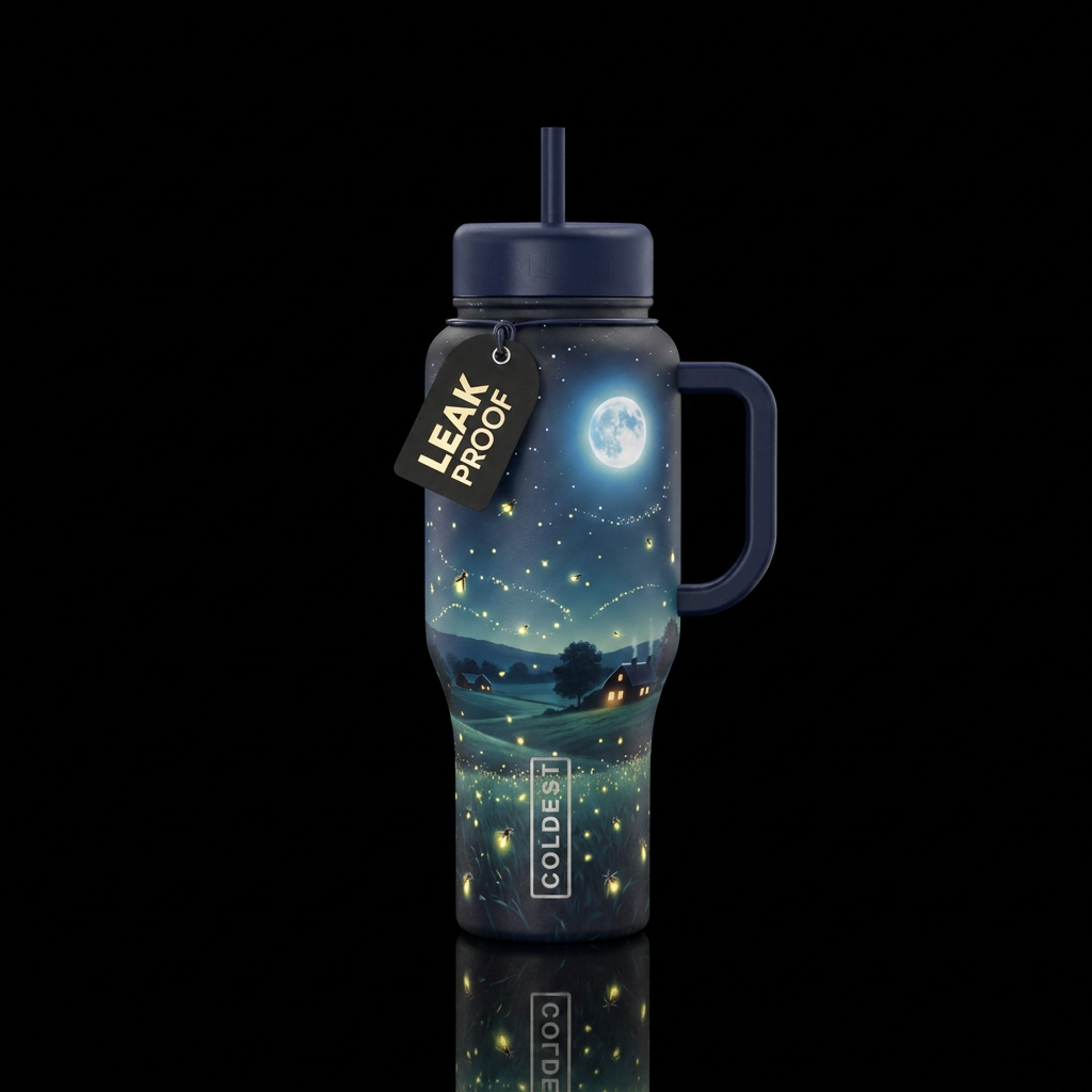 A summer night in the country with bright full moo... water bottle design