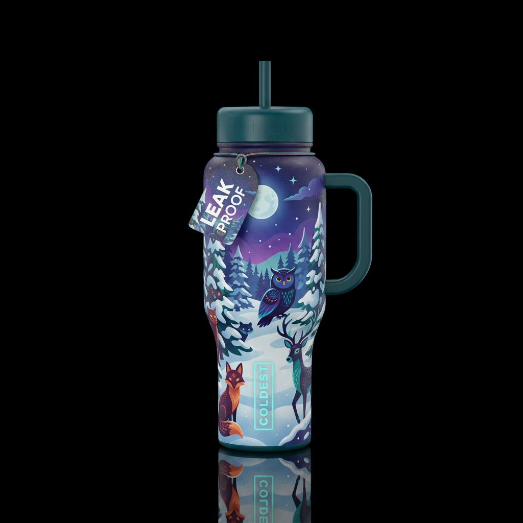 Beautiful snowy night, peaceful, animals water bottle design