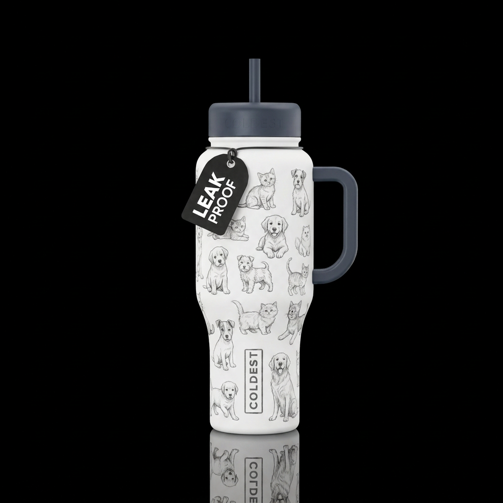 White bottle with pencil drawings of cats and dogs... water bottle design