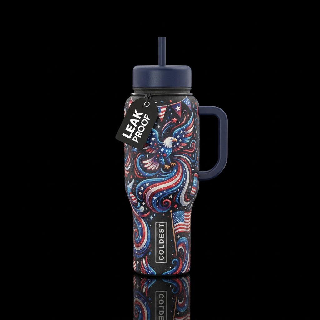 magical, vibrant, beautiful, whimsical, patriotic water bottle design