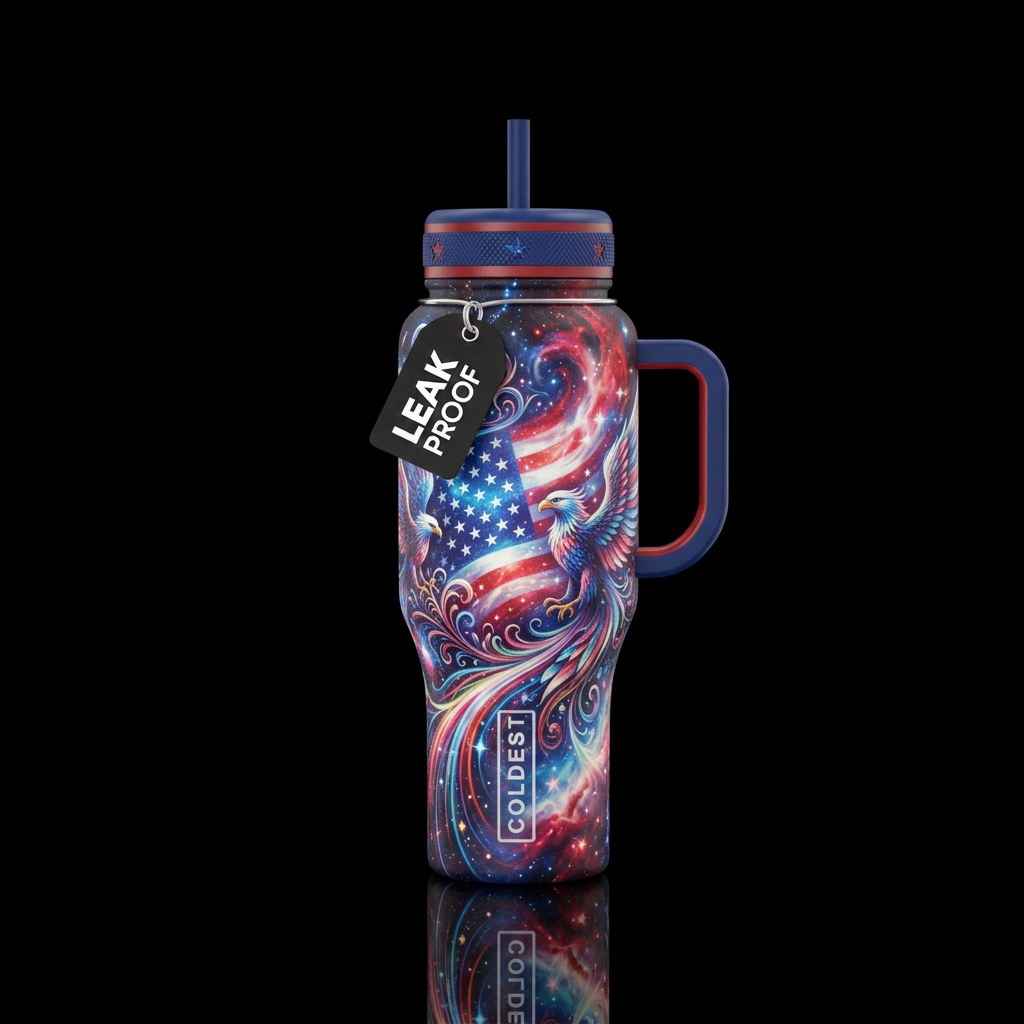 magical, vibrant, beautiful, whimsical, patriotic water bottle design