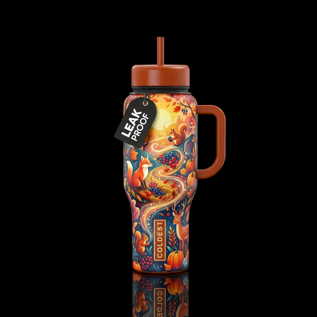 whimsical, magical, vibrant, beautiful, fall harve... water bottle design