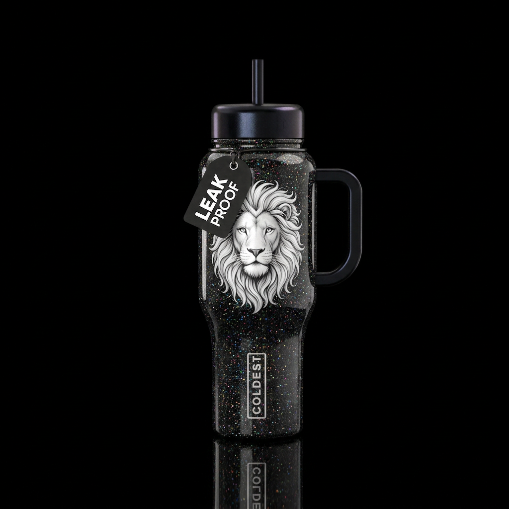 Black shiny sparkly bottle with a white lion showi... water bottle design