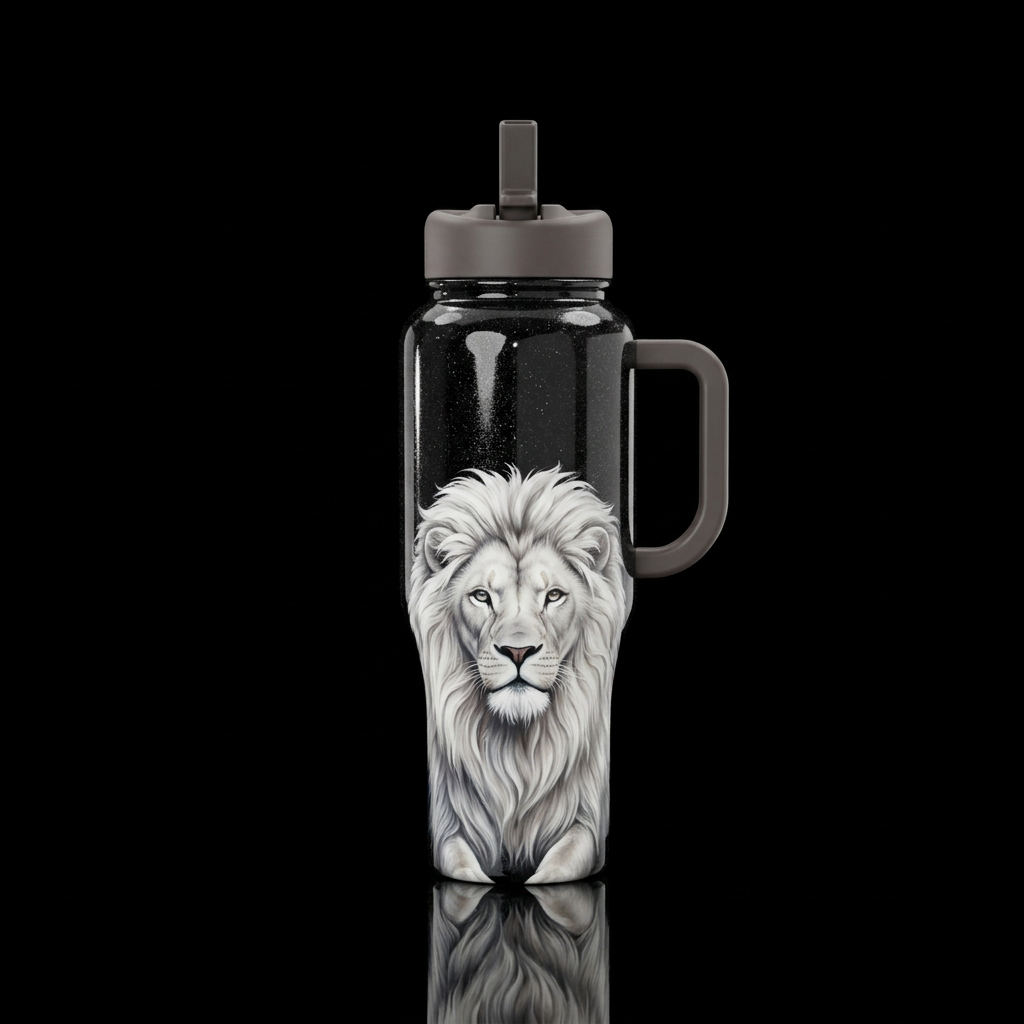 Black shiny sparkly bottle with a white lion showi... water bottle design
