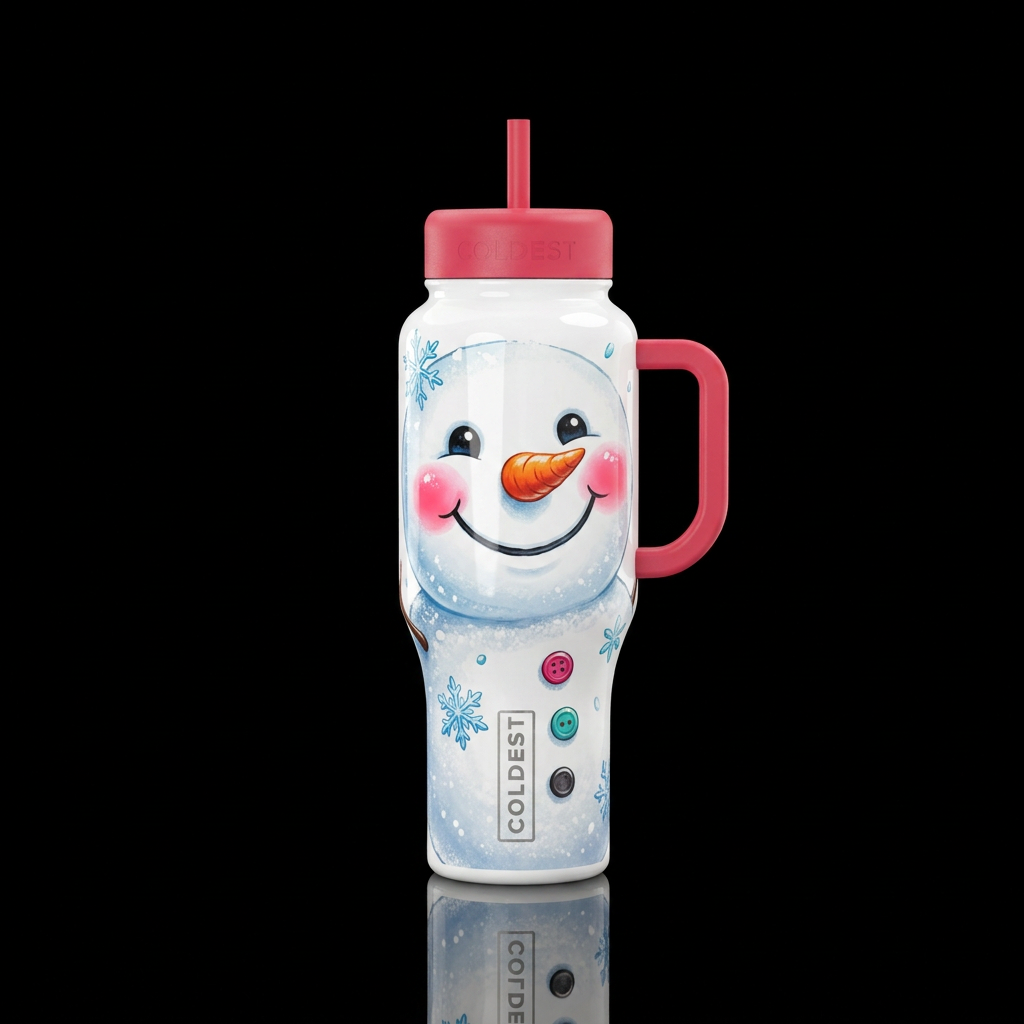 happy mood, beautiful, snowman head, whimsical, vi... water bottle design