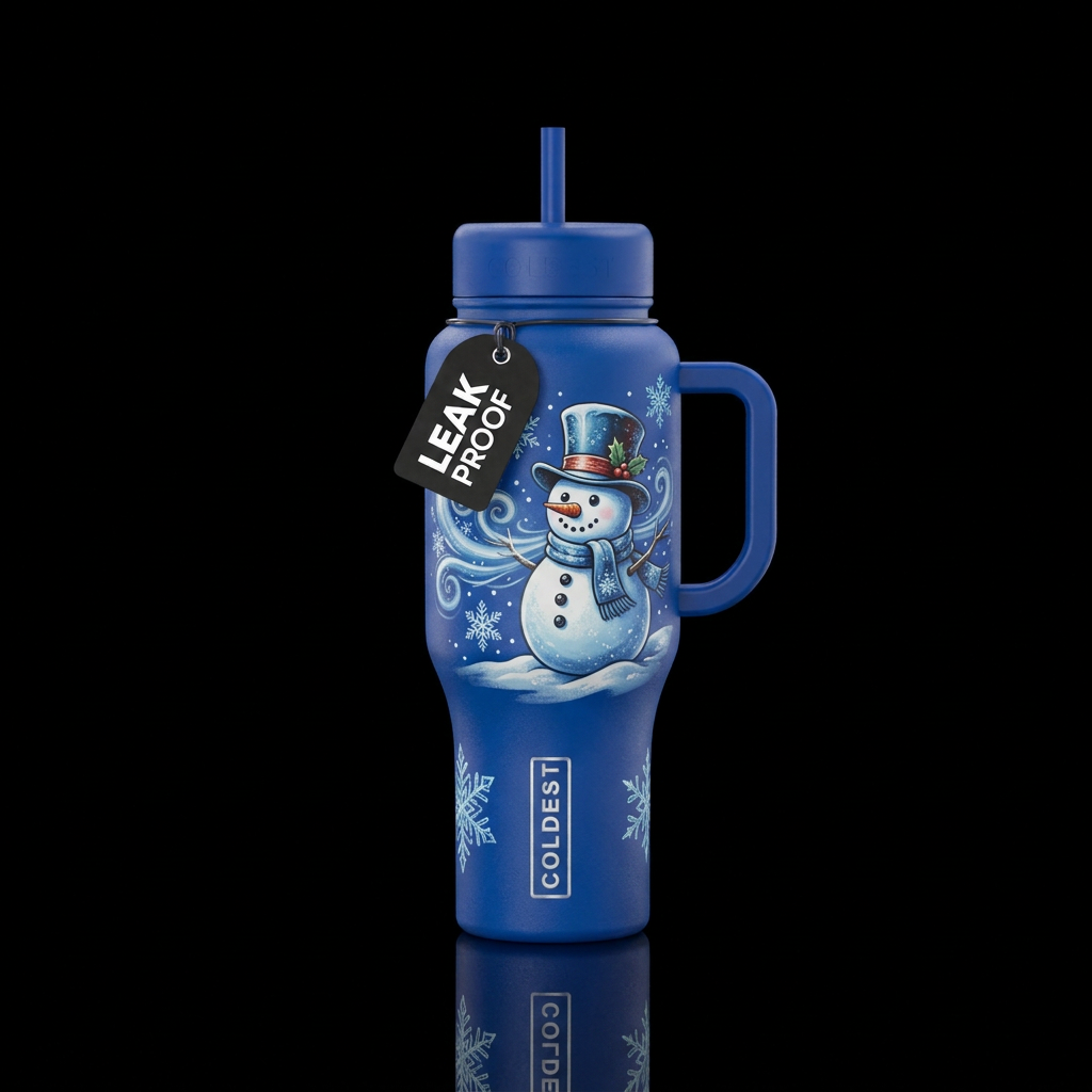 Beautiful blue bottle, wind blowing, snowman, top ... water bottle design