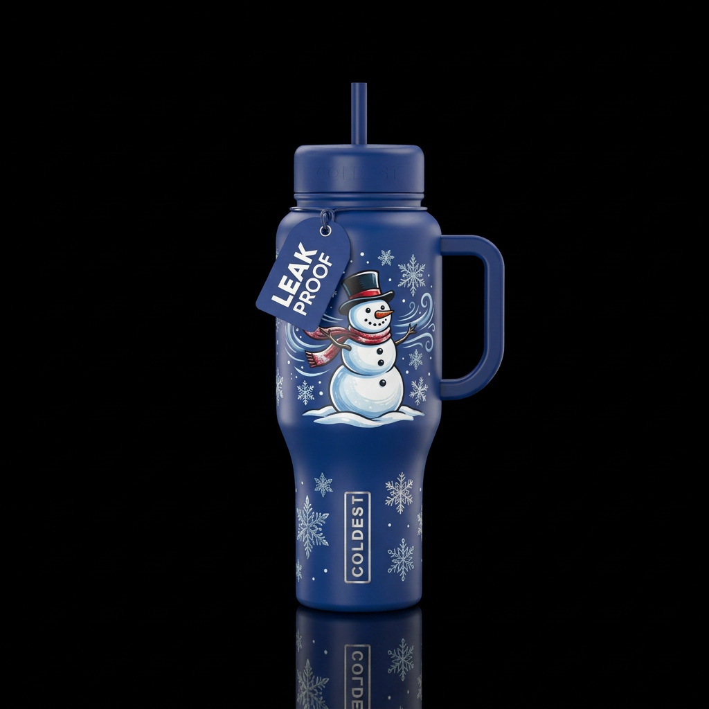 Beautiful blue bottle, wind blowing, snowman, top ... water bottle design
