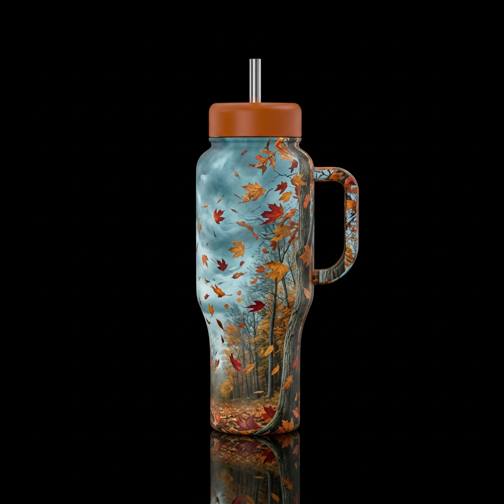 Blustery fall day, wind blowing, beautiful forest water bottle design