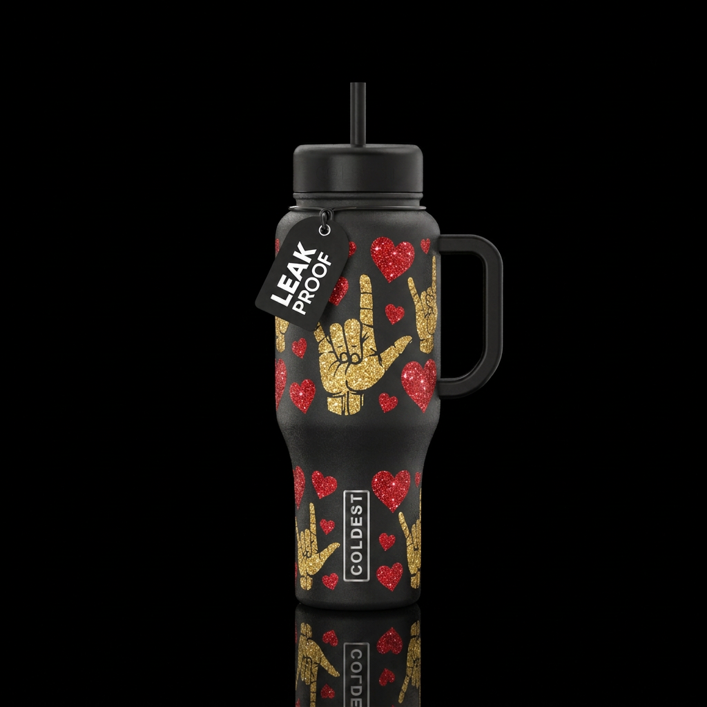 Gold I Love You in sign language, red hearts, spar... water bottle design