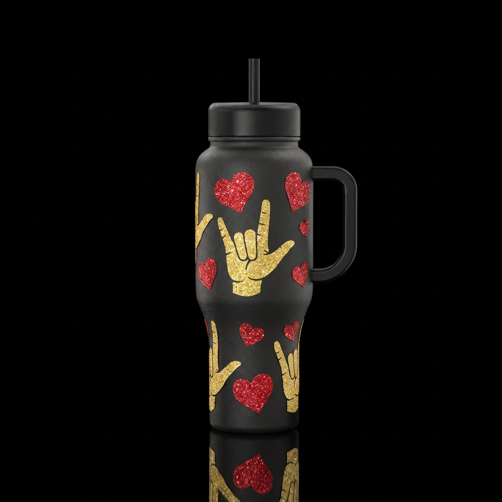 Gold I Love You in sign language, red hearts, spar... water bottle design