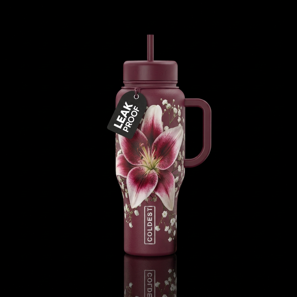 A beautiful open burgundy and white lily, surround... water bottle design