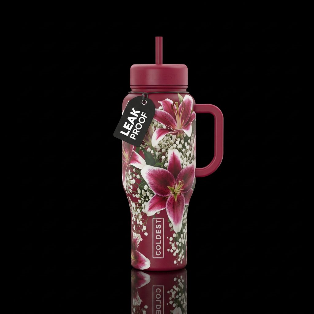 A beautiful open burgundy and white lily, surround... water bottle design