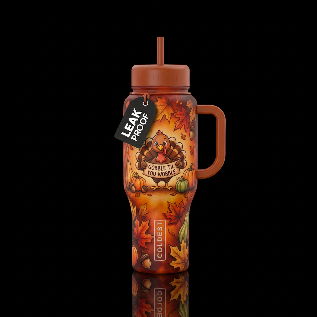 An airbrushed fall bottle with leaves, acorns, pum... water bottle design