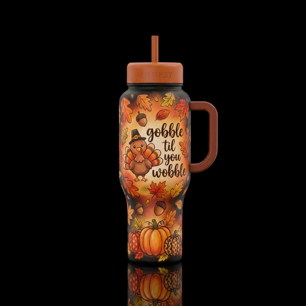 An airbrushed fall bottle with leaves, acorns, pum... water bottle design