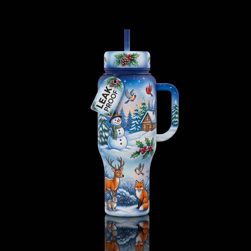 Air brushed winter scene with snowman, nature, bir... water bottle design
