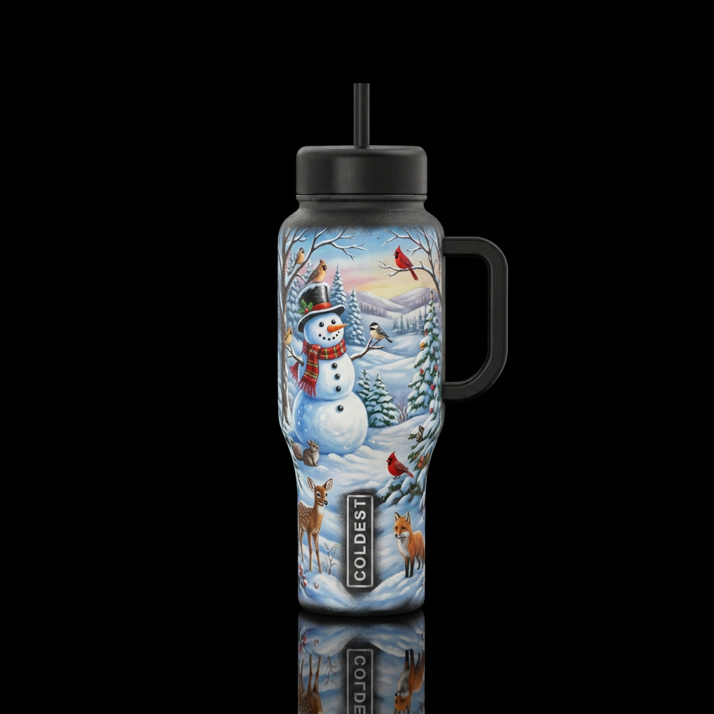 Air brushed winter scene with snowman, nature, bir... water bottle design