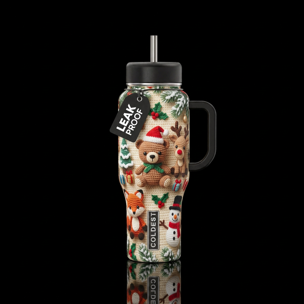 Adorable crocheted animals at Christmas time water bottle design