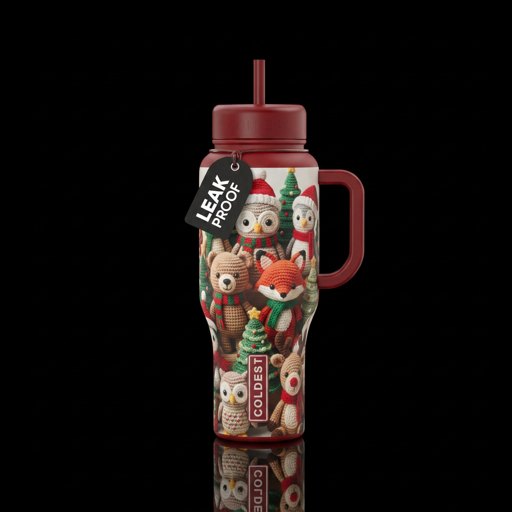 Adorable crocheted animals at Christmas time water bottle design