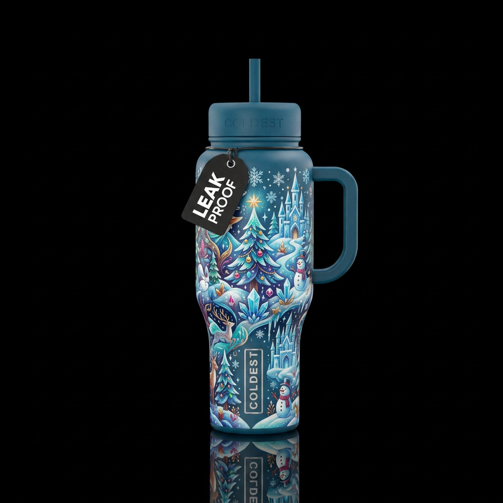 whimsical, magical, fun winter day, beautiful water bottle design
