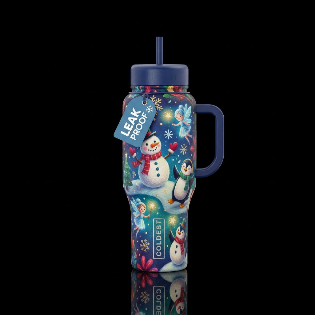 whimsical, magical, fun winter day, beautiful water bottle design