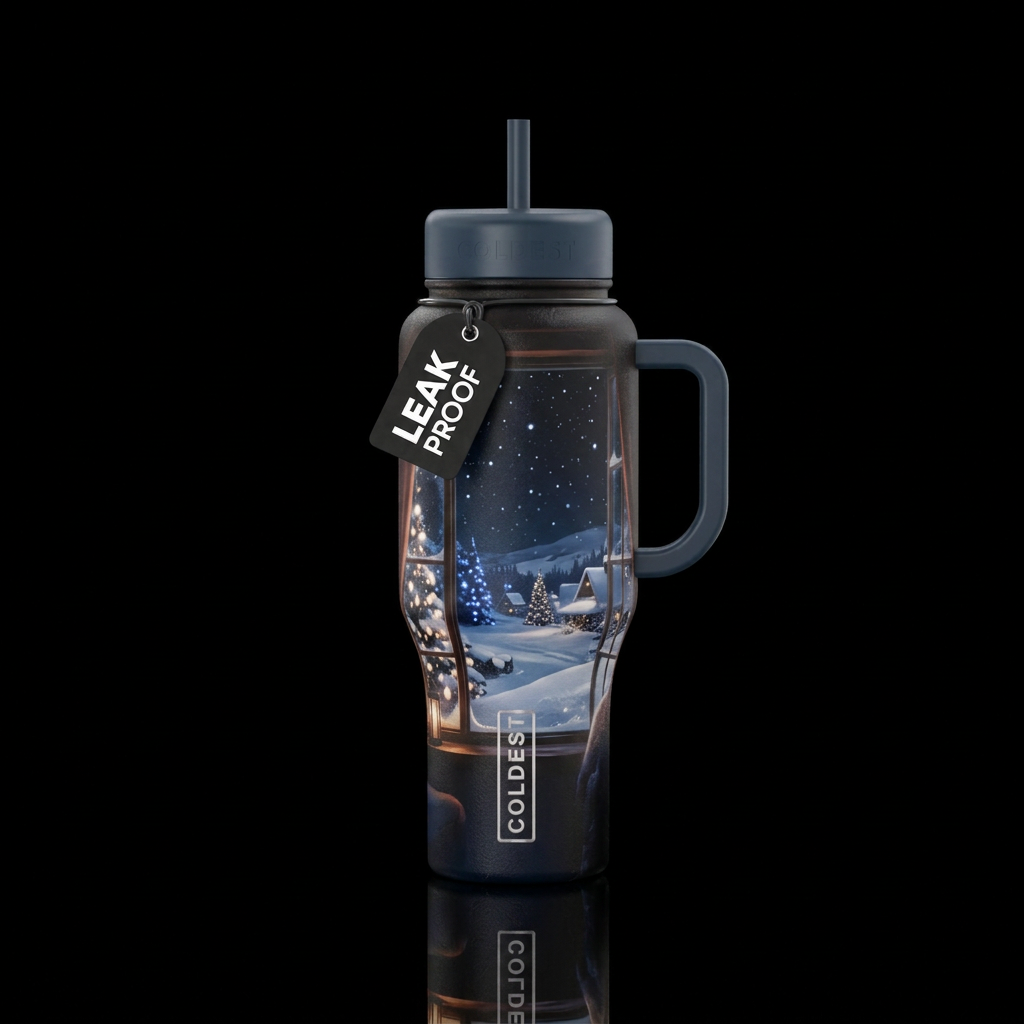Beautiful snowy night, twinkling lights, cozy, loo... water bottle design
