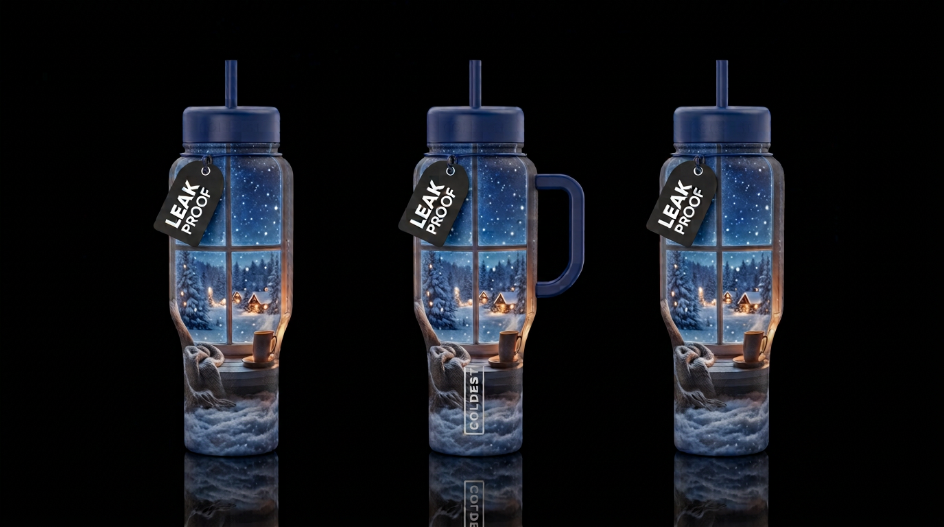 Beautiful snowy night, twinkling lights, cozy, loo... water bottle design