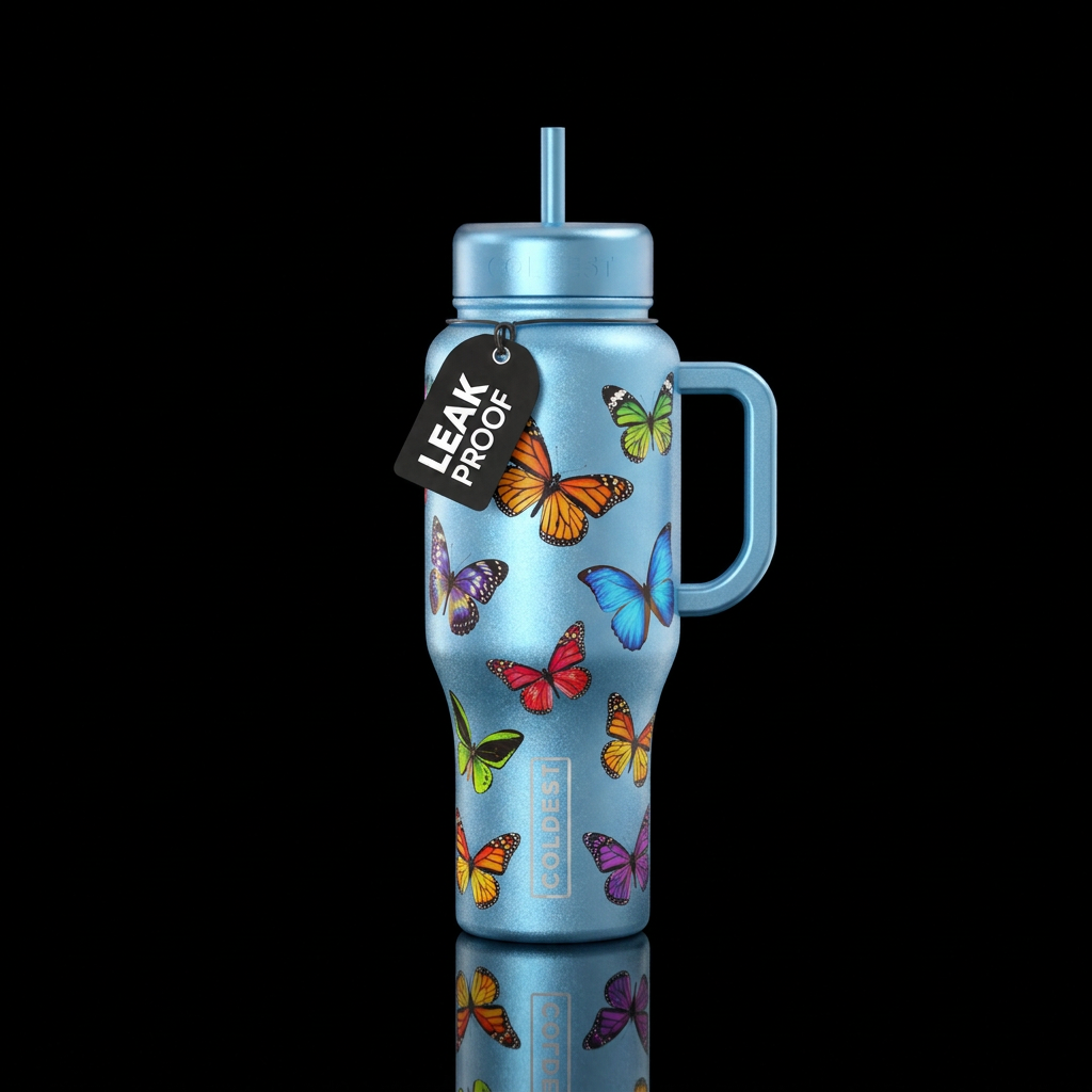 A beautiful metallic light blue bottle, sparkly wi... water bottle design
