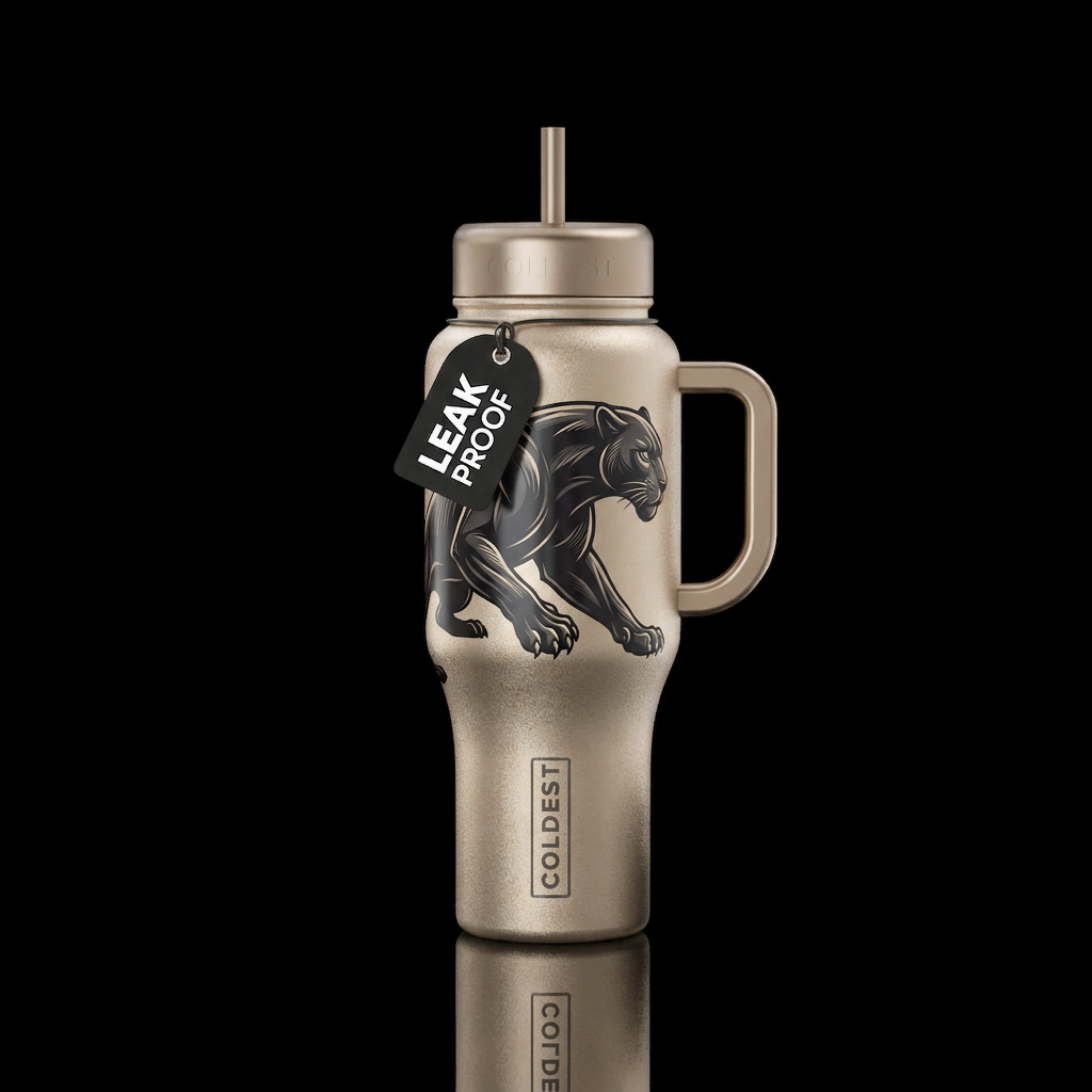 Champagne colored bottle with a sleek, powerful, b... water bottle design