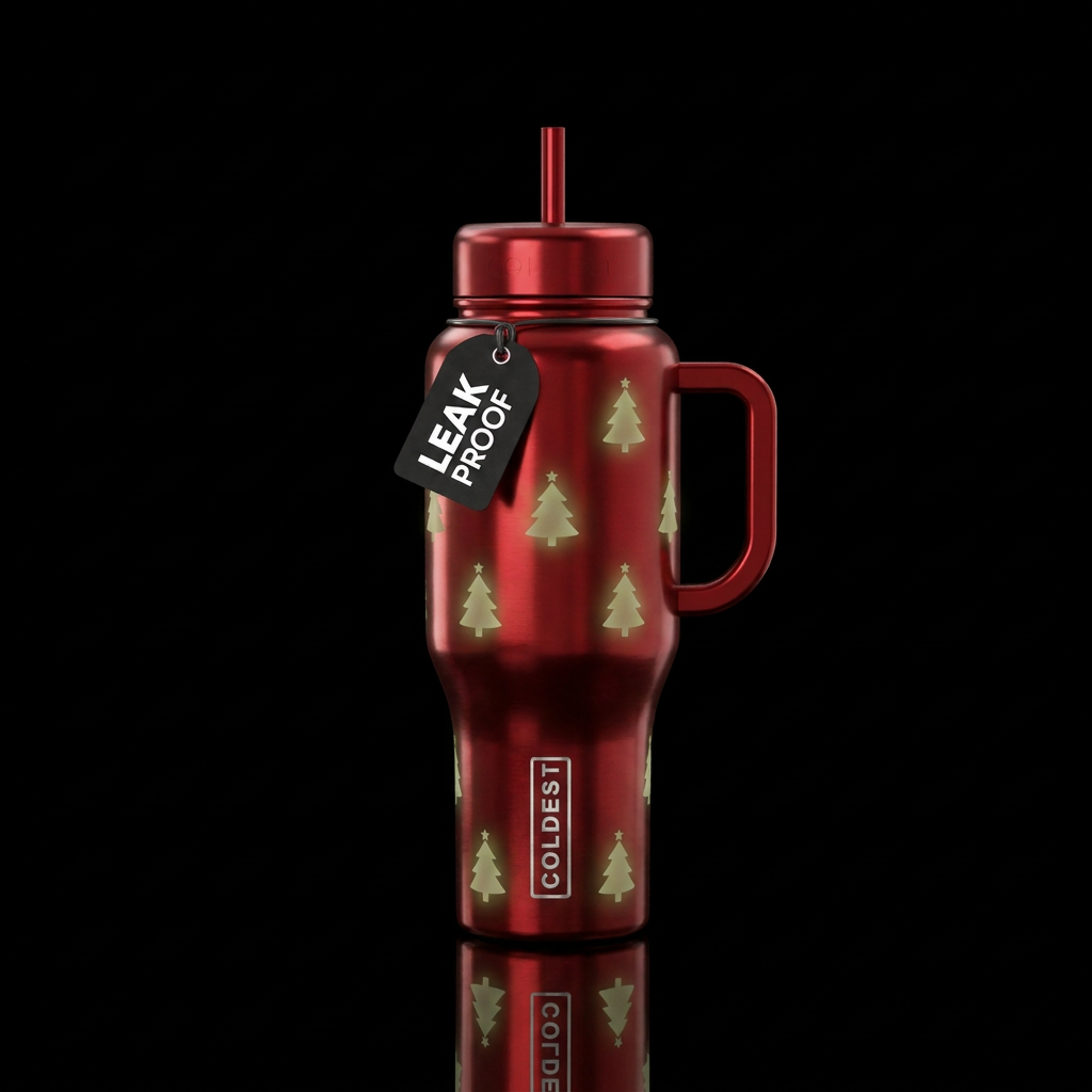 Red metallic bottle with glow in the dark Christma... water bottle design