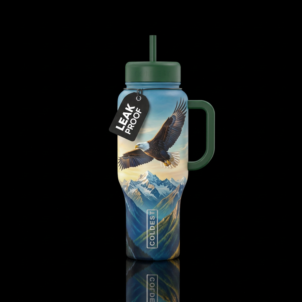 An eagle flying high over mountains, majestic, vib... water bottle design